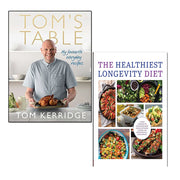 Hardcover books from Tom Kerridge's The Healthiest Longevity Diet collection by Absolute Press and Iota Publishing, featuring healthy eating tips.
