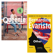 Set of two paperback fiction books: Queenie by Candice Carty-Williams and Girl, Woman, Other by Bernardine Evaristo on trapeze display.