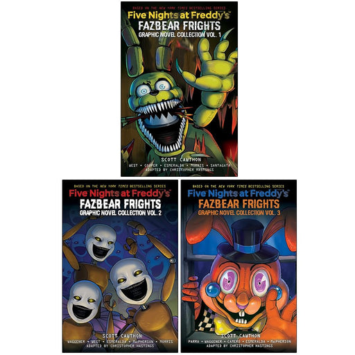 Set of three Five Nights at Freddy's Fazbear Frights graphic novels by Scott Cawthon, featuring colorful cover art and branding.