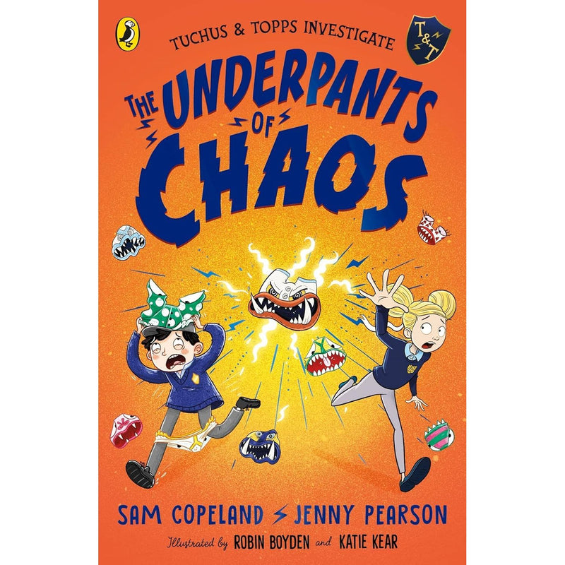 Two paperback books from the Underpants of Chaos collection by Sam Copeland and Jenny Pearson for ages 7-9, featuring colorful covers.