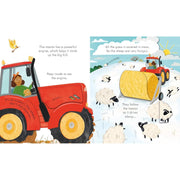 Board book titled "Peep Inside How a Tractor Works" by Lara Bryan, showing colorful tractor illustrations for children.