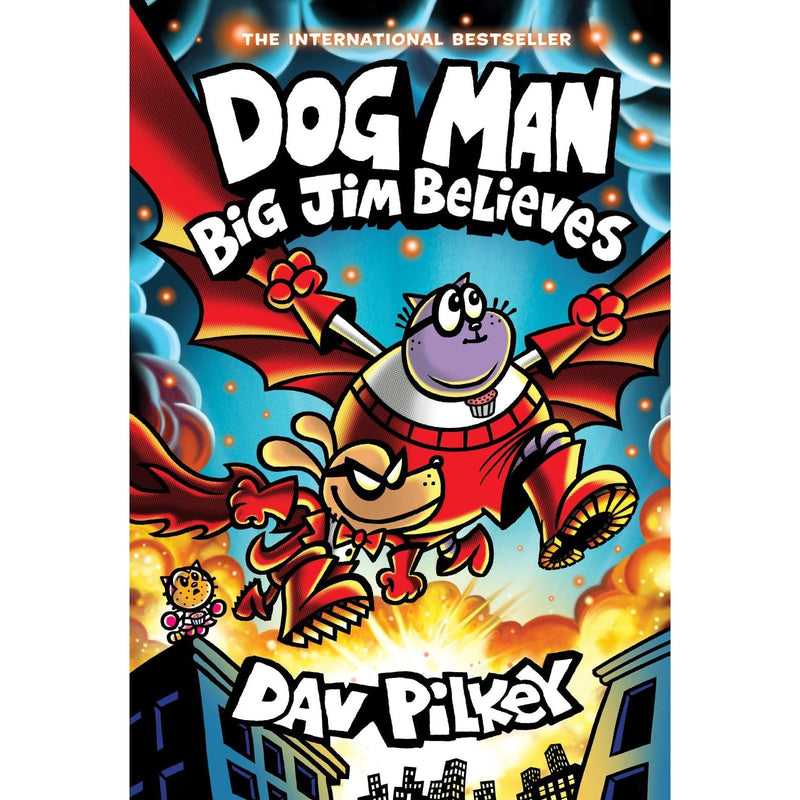 Dog Man 14: Big Jim Believes paperback by Scholastic featuring the book cover with colorful artwork for kids ages 7-9