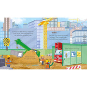 Peep Inside How A Crane Works board book by Lara Bryan, showing colorful illustrations of a crane in action.
