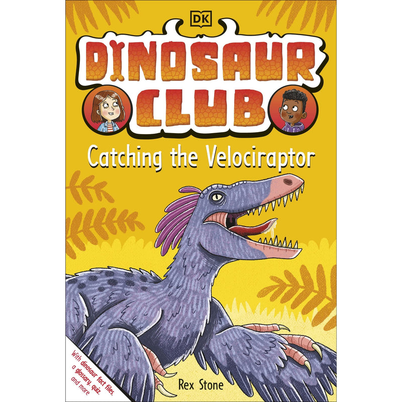 Young children reading the Dinosaur Club: Catching the Velociraptor book by DK flip, engaging in a fun dinosaur adventure story.