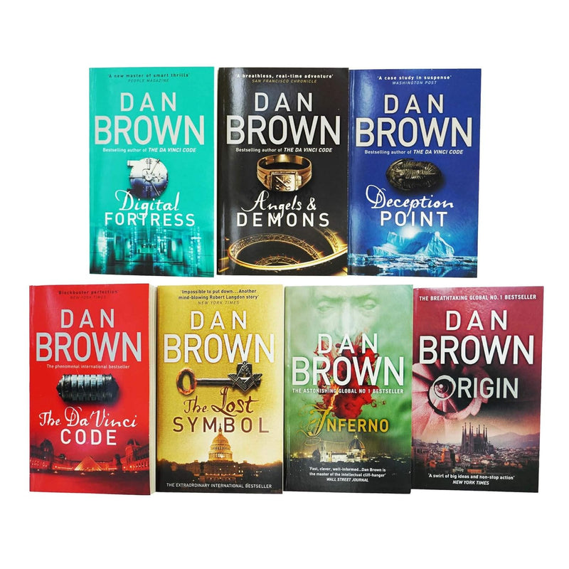 Corgi paperback collection of Dan Brown's Robert Langdon Series 7 books, featuring fiction novels with colorful covers.