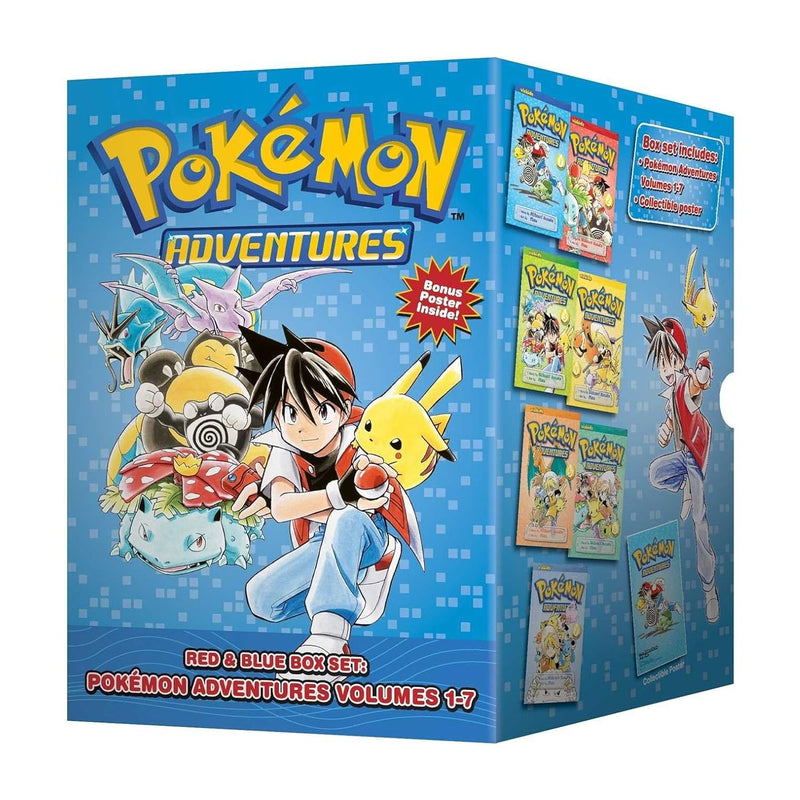 Box set of Pokémon Adventures Red & Blue volumes 1-7 books by Viz LLC featuring colorful covers and Pokémon artwork, by Hidenori Kusaka.