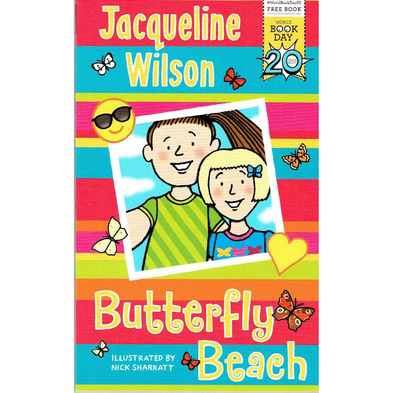 Children's book titled Butterfly Beach by Jacqueline Wilson featuring penguin and corgi characters, designed for World Book Day 2017.