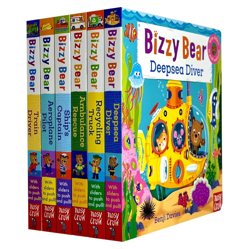 Bizzy Bear: Series 1 Collection 6 Board Books Set by Benji Davies((Train Driver, Aeroplane Pilot, Ship’s Captain, Ambulance Rescue, Recycling Truck & Deep-Sea Diver) - The Book Bundle