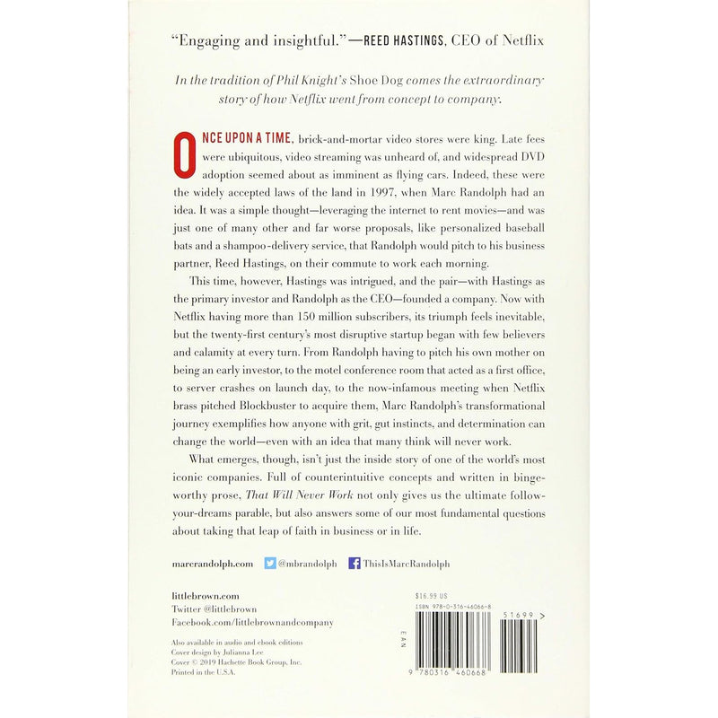 Paperback book titled "That Will Never Work" by Marc Randolph, published by Little, Brown and Company, featuring a cover with bold text.