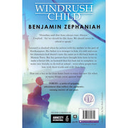Children's book titled "Windrush Child" by Benjamin Zephaniah, featuring colorful illustrated cover with a young boy and vibrant background.