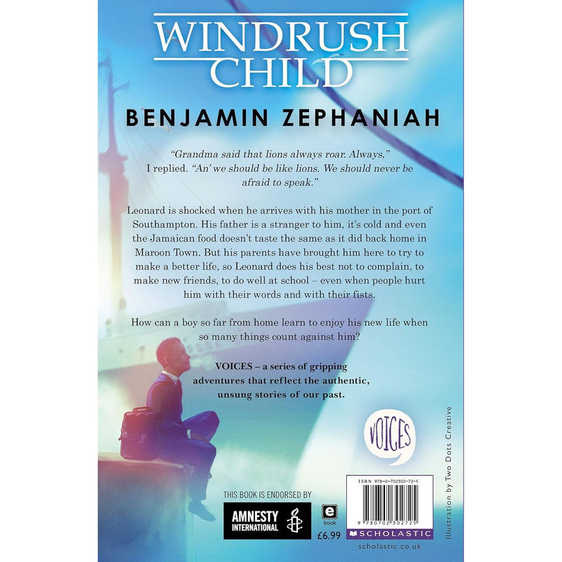 Children's book titled "Windrush Child" by Benjamin Zephaniah, featuring colorful illustrated cover with a young boy and vibrant background.