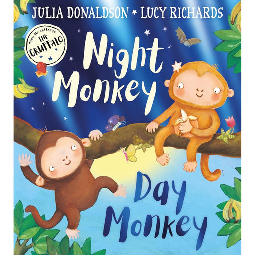 Paperback book titled "Night Monkey, Day Monkey" by Julia Donaldson, featuring colorful illustrated cover art.
