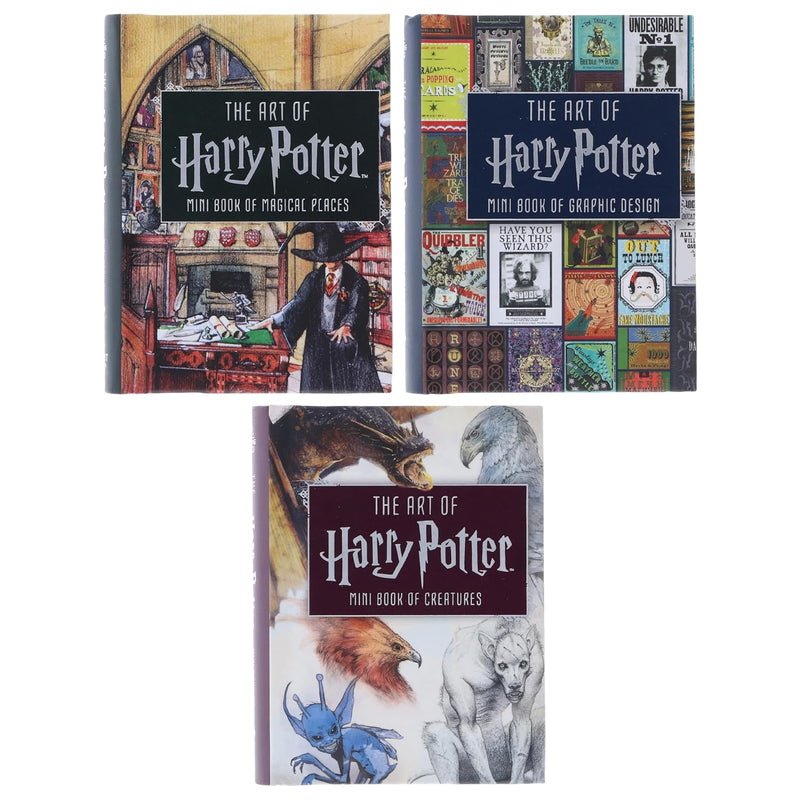 Harry Potter The Art of Series 3 mini books collection set by Insight Editions, featuring magical places, creatures, and graphic design.