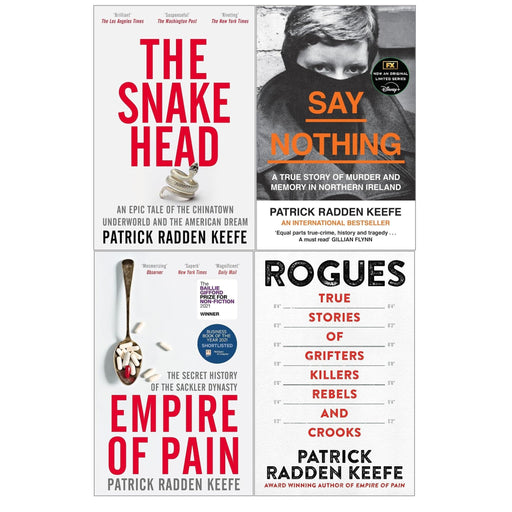 Set of four Patrick Radden Keefe non-fiction paperback books including Rogues, The Snakehead, Empire of Pain, and Say Nothing.