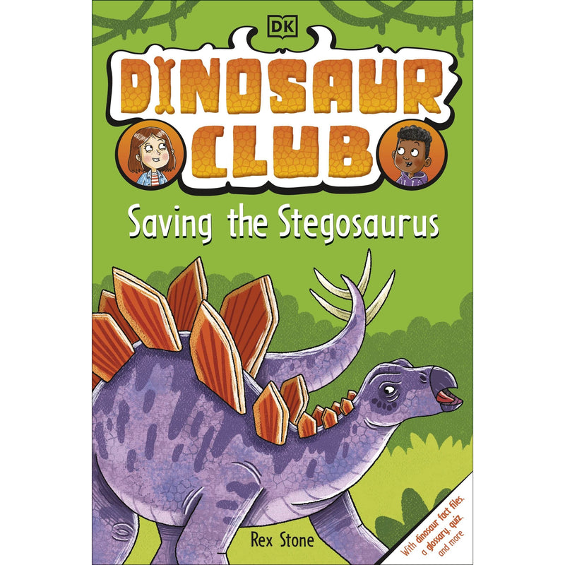 Paperback copy of "Dinosaur Club: Saving the Stegosaurus" fiction book by DK Flip, featuring colorful dinosaur illustrations.