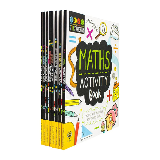 Set of 8 STEM activity books for kids by Jenny Jacoby featuring science, robotics, geology, biology, meteorology, engineering, and math.