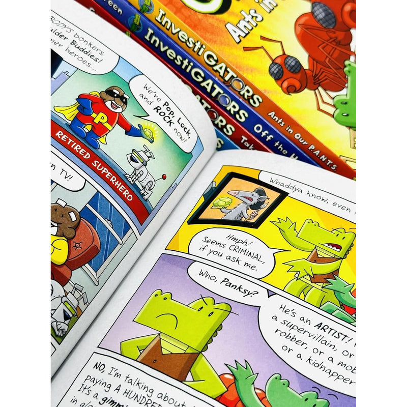 InvestiGators book collection by John Patrick Green, five children's books including Take the Plunge and Off the Hook, Macmillan.