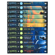Set of 12 Warrior Cats books by Erin Hunter, including volumes from The Prophecies Begin and The New Prophecy series, featuring colorful covers.