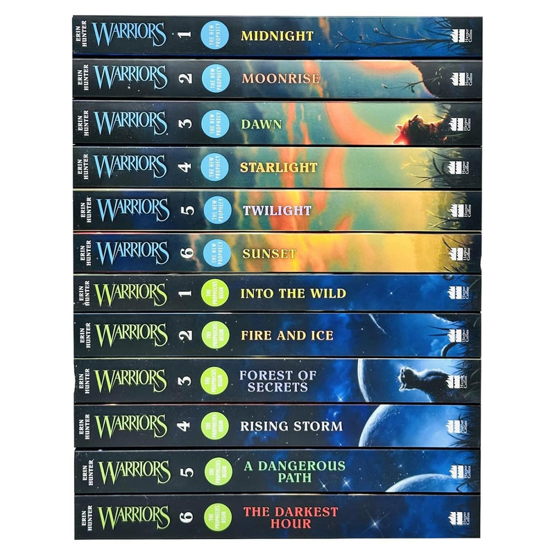 Set of 12 Warrior Cats books by Erin Hunter, including volumes from The Prophecies Begin and The New Prophecy series, featuring colorful covers.