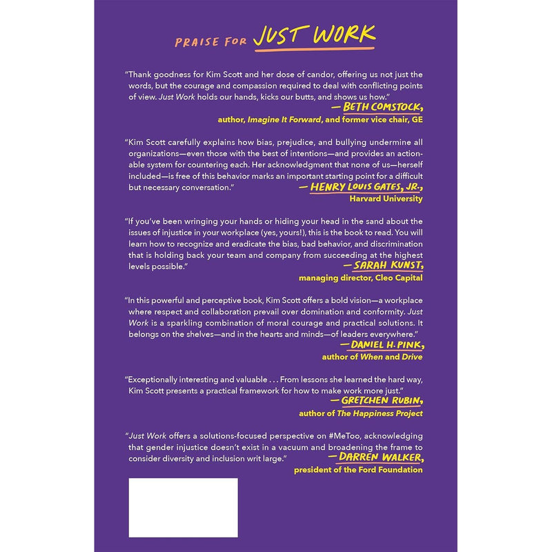 Cover image of "Just Work" book by Kim Scott, published by Macmillan, focusing on confronting bias, prejudice, and bullying for inclusivity.