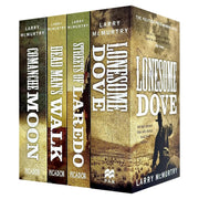 Four paperback books from the Lonesome Dove series by Larry McMurtry, fiction collection published by Pan Macmillan.