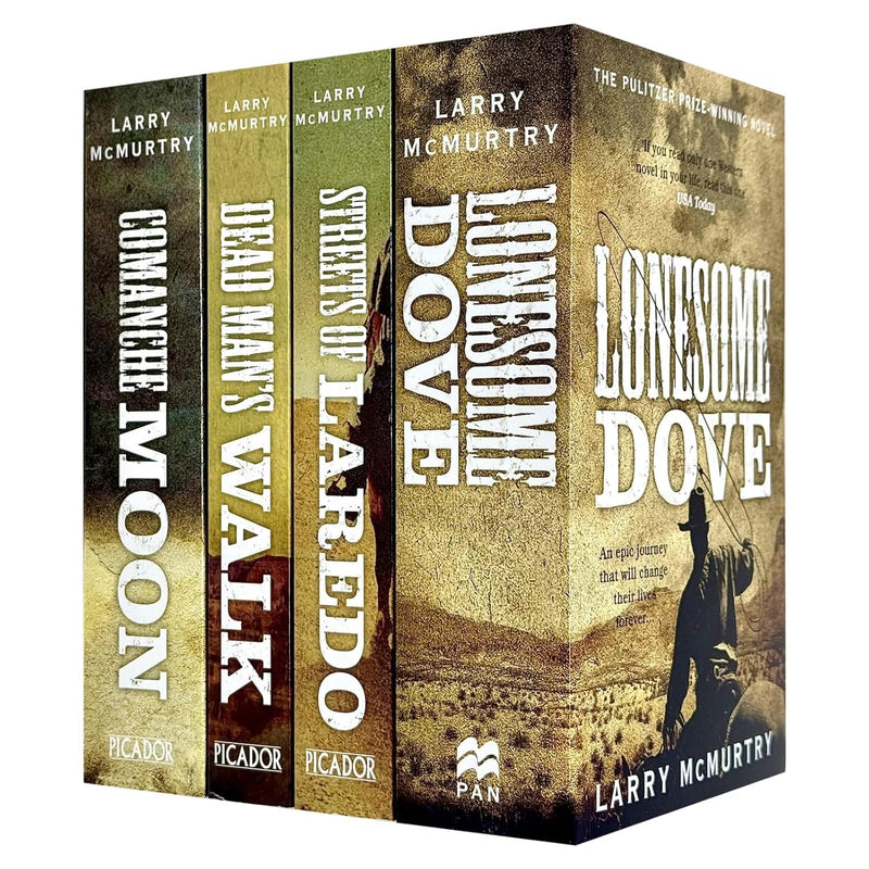 Four paperback books from the Lonesome Dove series by Larry McMurtry, fiction collection published by Pan Macmillan.