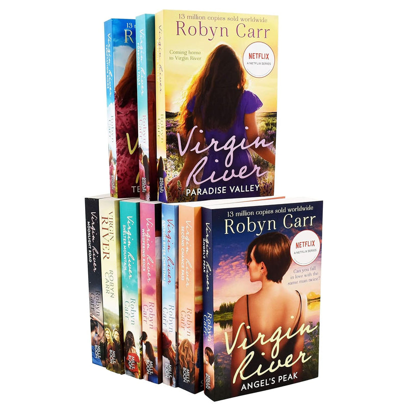 Virgin River book collection set by Robyn Carr, 10 Mills & Boon romance novels based on the Netflix series, featuring colorful covers.