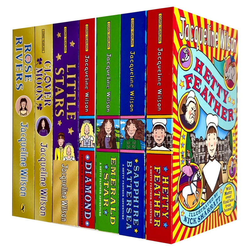 Seven paperback Jacqueline Wilson fiction books from the Penguin Ltd collection, featuring colorful cover art and classic story titles.
