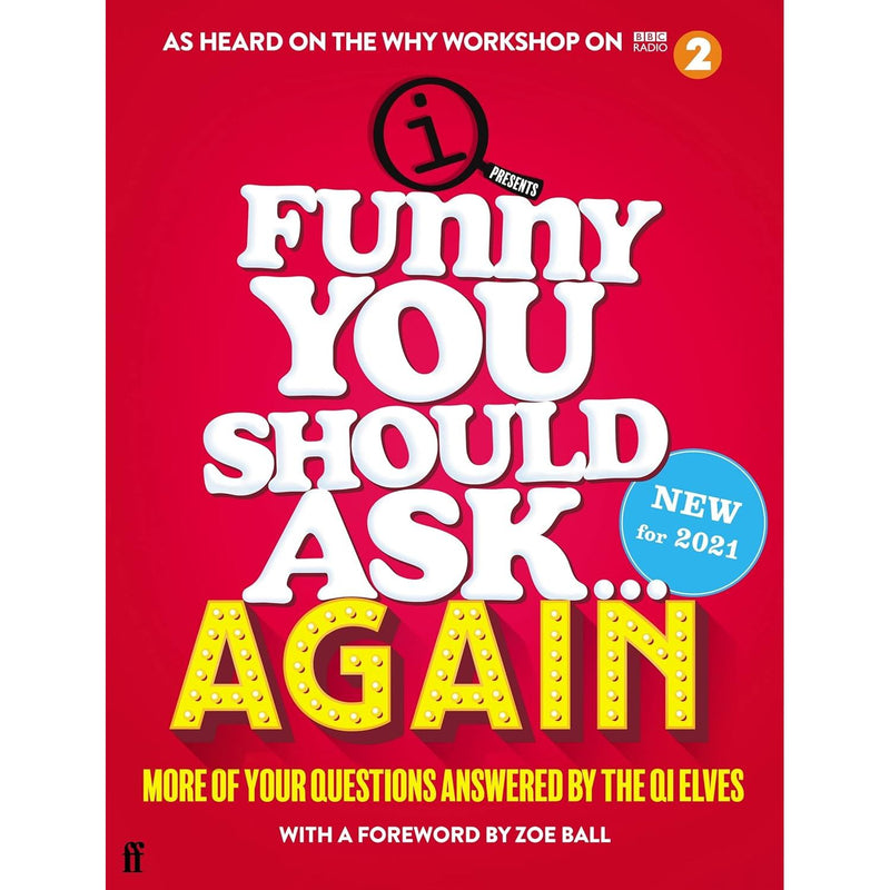 Hardcover of "Funny You Should Ask... Again" by QI Elves, featuring a colorful book cover with playful design elements.