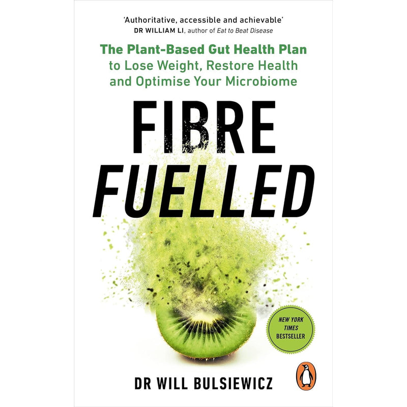 Vermilion plant-based gut health plan book titled "Fibre Fuelled" by Dr. Will Bulsiewicz, featuring a colorful cover with illustrations.