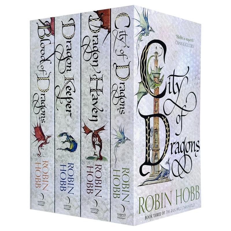 Four paperback books from Robin Hobb's Rain Wilds Chronicles collection, fiction fantasy novels published by HarperVoyager.