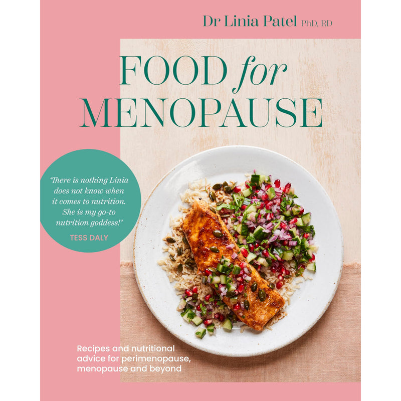 Book cover for "Food for Menopause" by Linia Patel, featuring recipes and nutritional advice for perimenopause and menopause.