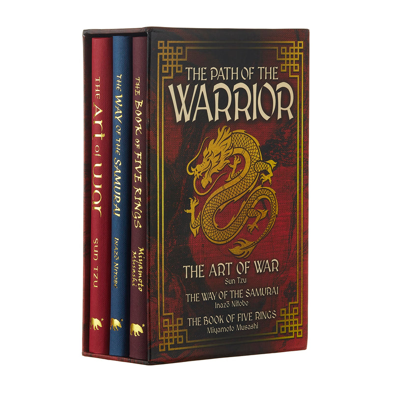 Ornate box set of Sun Tzu, Inazo Nitobe, and Miyamoto Musashi books including The Art of War, The Way of the Samurai, and The Book of Five Rings.