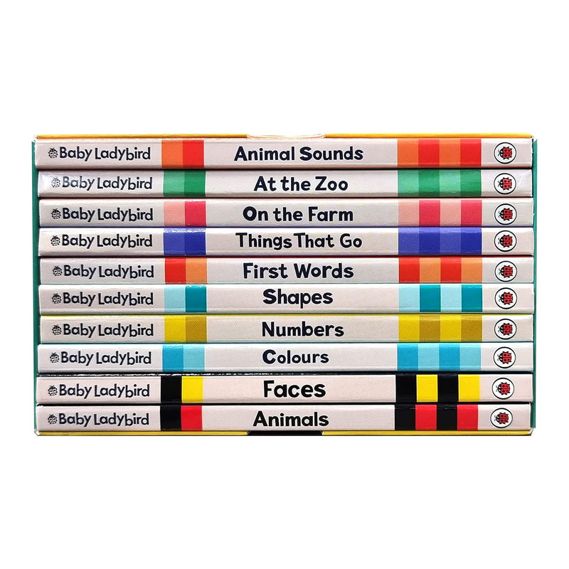 Ladybird Baby Ladybird Library set of 10 colorful board books featuring animals, faces, colors, and numbers for ages 0-2.