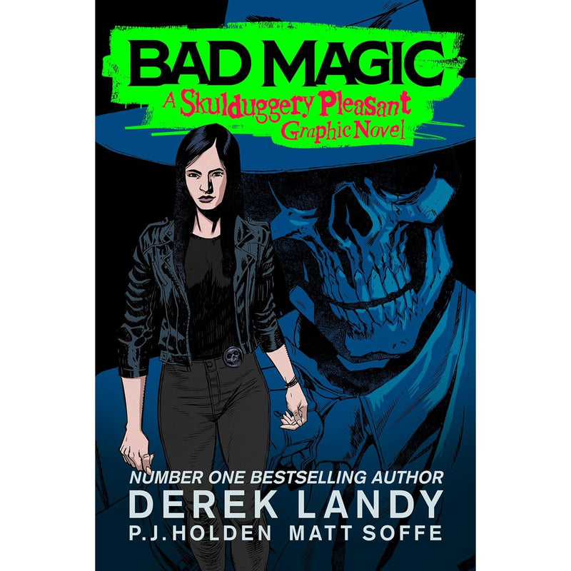 Full-color cover of "Bad Magic" graphic novel by Derek Landy, part of the Skulduggery Pleasant fantasy detective series.