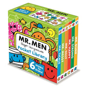 Six colorful Mr. Men board books for toddlers from Roger Hargreaves' pocket library collection, perfect for young children.