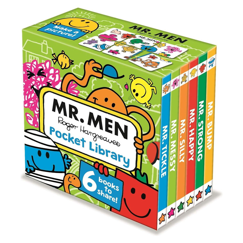 Six colorful Mr. Men board books for toddlers from Roger Hargreaves' pocket library collection, perfect for young children.