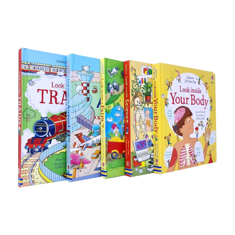 Usborne Lift the Flap Look Inside 5 Books Collection Set(Your Body, Science, Farm, Airport & Trains) - The Book Bundle