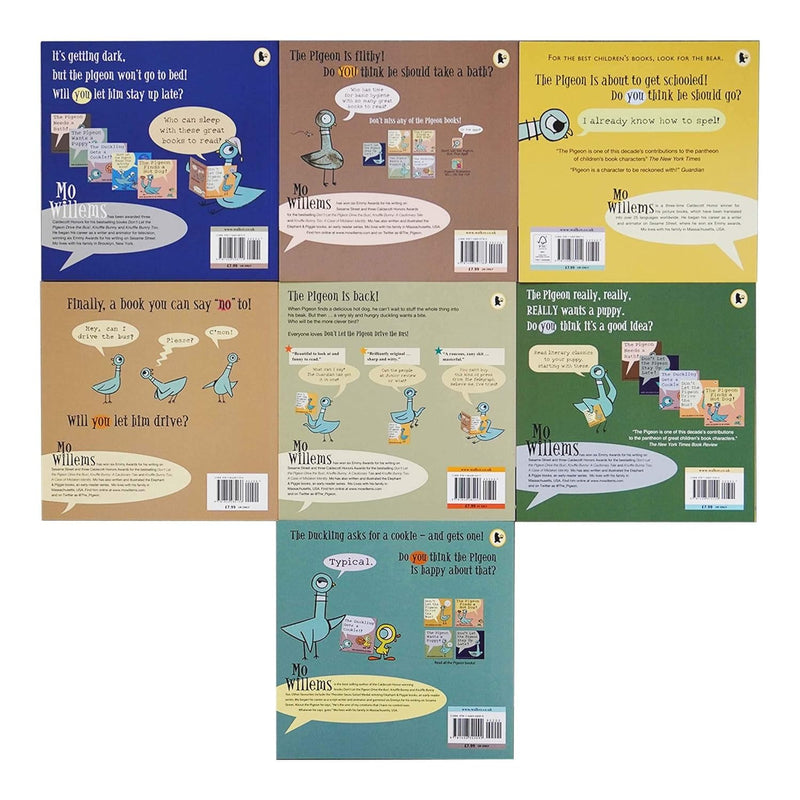 Set of Don't Let the Pigeon Series 7 books by Mo Willems featuring colorful covers and classic illustrations from the popular children's series.