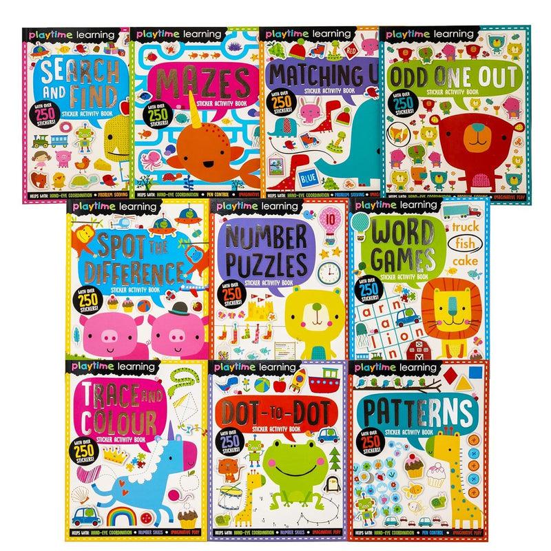 Set of ten Make Believe Ideas Ltd Playtime Learning Sticker Activity books featuring search and find scenes for children.