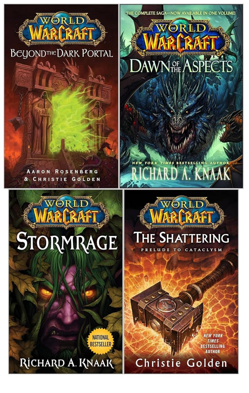 World of Warcraft 4-book collection set by Christie Golden, Richard Knaak, and Aaron Rosenberg in paperback, featuring fantasy fiction.