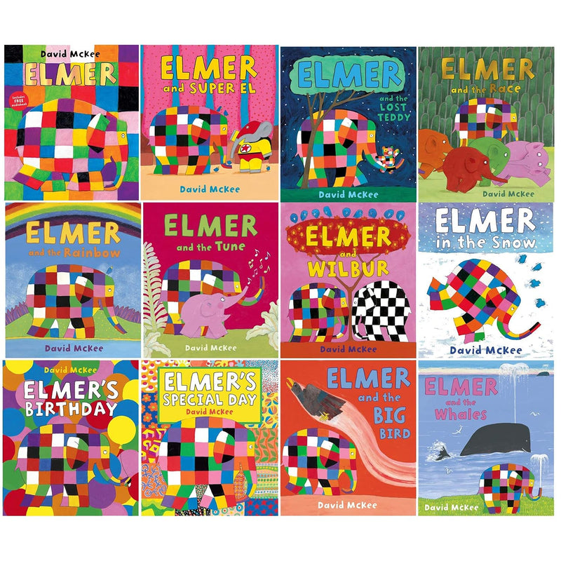 Elmer Classic Picture Books Series Books 1 - 12 Collection Set by David McKee (Elmer, Super El, Lost Teddy, Race, Rainbow, Tune, Wilbur, Snow, Birthday, Special Day, Big Bird & Whales)