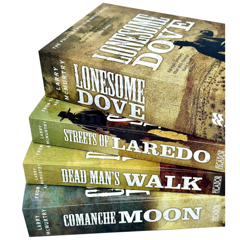 Set of four Lonesome Dove series paperback books by Larry McMurtry, fiction collection published by Pan Macmillan.