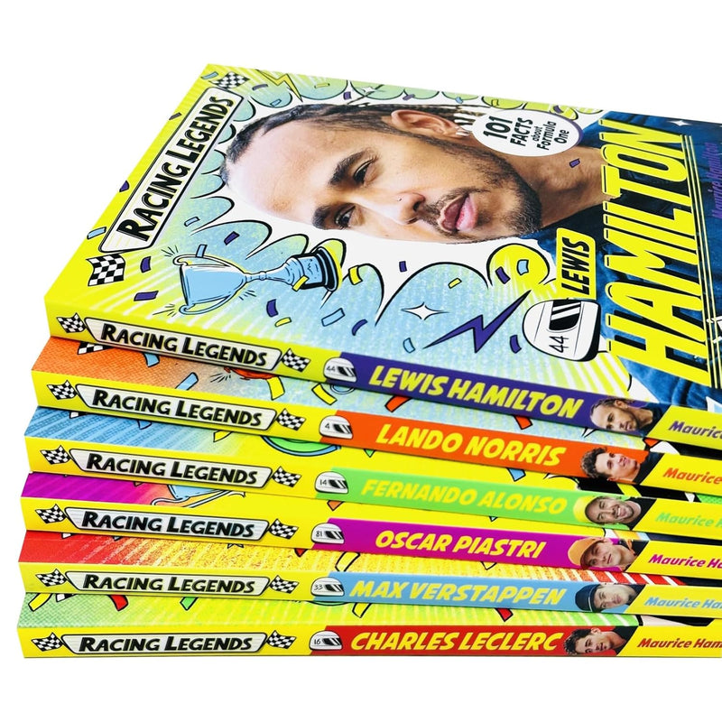 Collection of Racing Legends Series 6 books by Maurice Hamilton, featuring colorful covers about famous race cars and drivers.