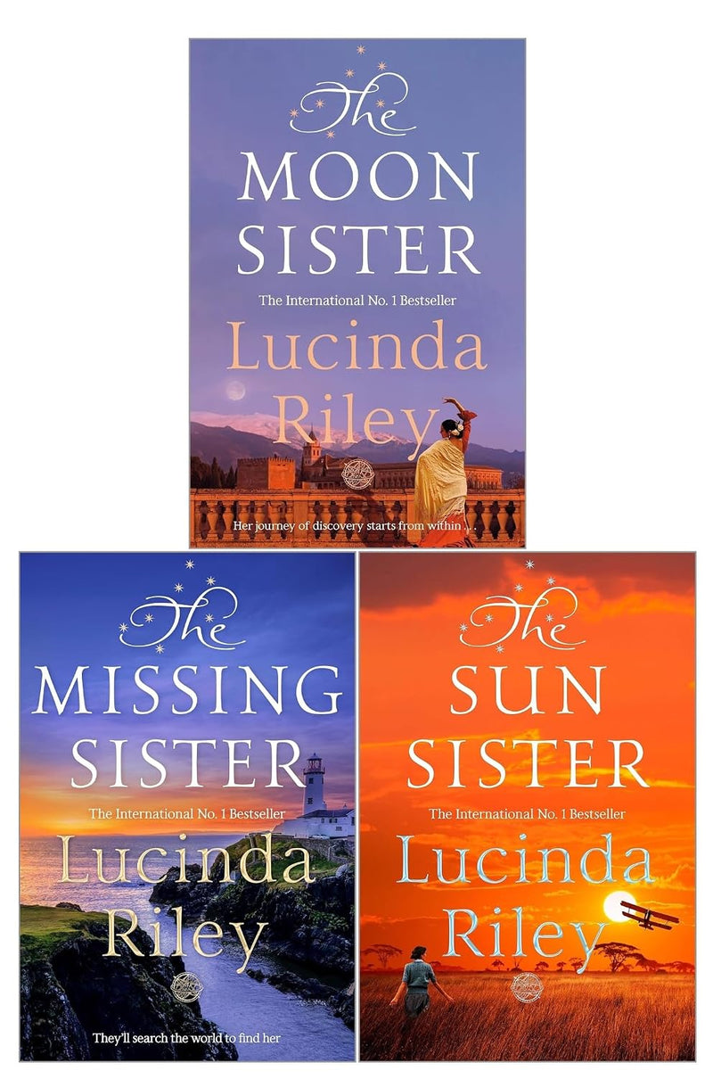 Set of three paperback books from The Seven Sisters collection by Lucinda Riley, featuring colorful cover art and fiction titles.