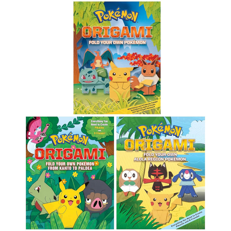 Set of three Pokémon origami books from Kanto to Paldea and Alola regions, paperback collection by Scholastic UK Ltd.