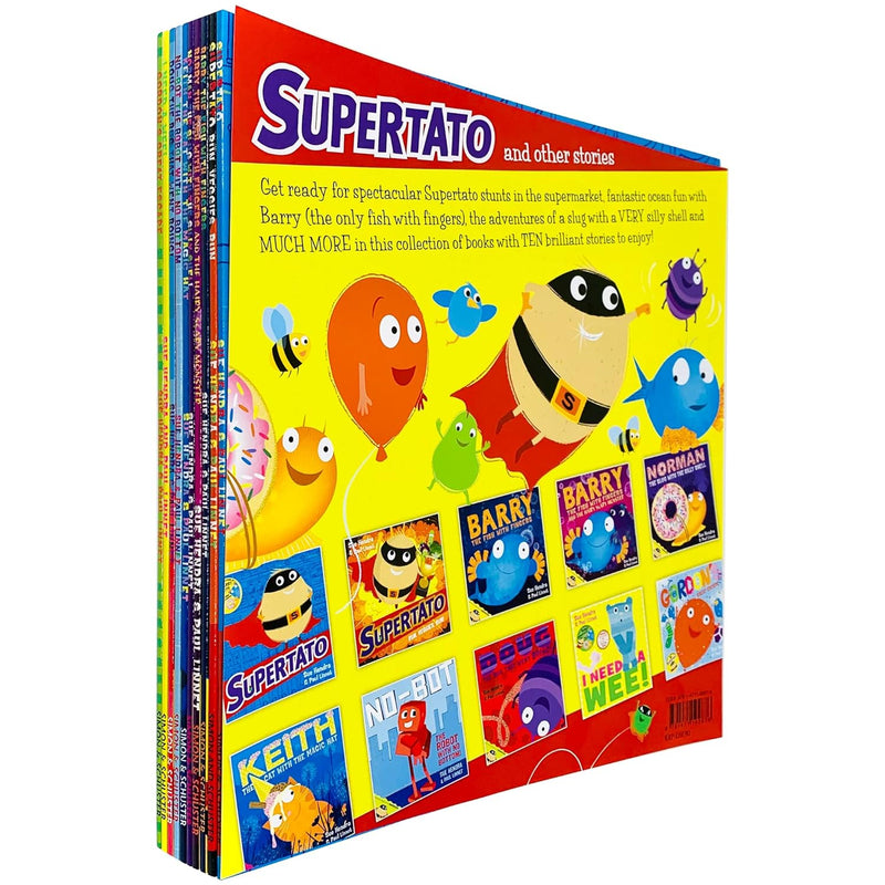 Collection of 10 children's books featuring Supertato and other stories by Sue Hendra and Paul Linnet, with colorful covers.