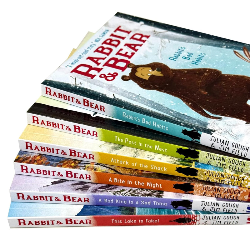 Set of six children's books by Julian Gough, featuring Rabbit and Bear series, colorful covers with cartoon characters.