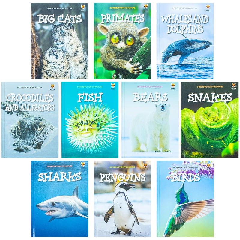 Set of 10 hardback nature discovery books for kids ages 3-8, featuring animals, habitats, and engaging illustrations by Jasmine Brooke.