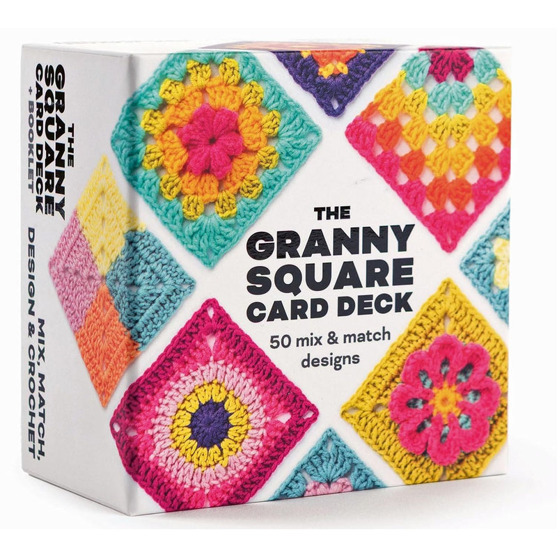 Set of three granny square crochet card decks by Claire Montgomerie, featuring stitches, flowers, and square patterns for crochet enthusiasts.